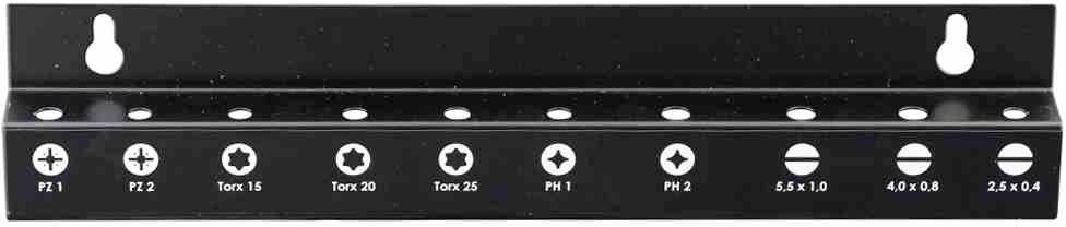 Czarna podstawka na różne końcówki wkrętaków, oznaczona rozmiarami wkładek od PT1 do 2,5x0,4.