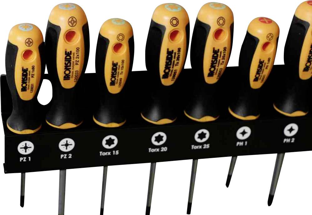 Zestaw wkrętaków w stojaku, obejmujący różne rozmiary i typy, w tym PZ1, Torx 15 do Torx 30.