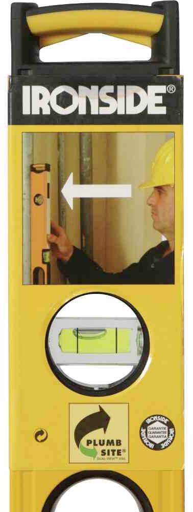 Poziomnica z napisem 'IRONSIDE'. Robotnik w kasku wyrównuje ją na powierzchni.