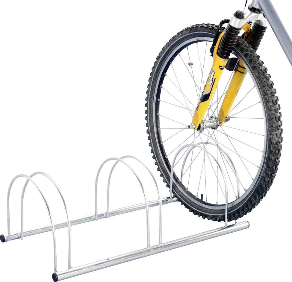 Stojak na rowery z zaparkowanym żółtym rowerem. Przednie koło jest zamocowane w jednym z uchwytów stojaka.