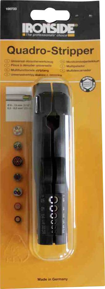 Opakowany 'Quadro-Stripper' firmy Ironside prezentuje narzędzia do zdejmowania izolacji z przewodów różnych typów. Wyprodukowany w Niemczech.