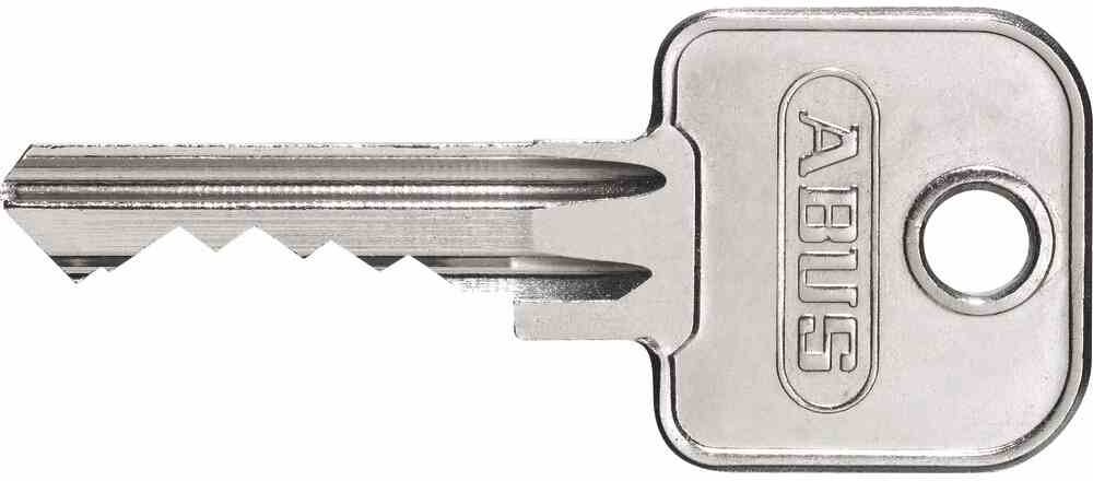 Metalowy klucz bezpieczeństwa z ząbkami, z napisem 'ABUS' na uchwycie.