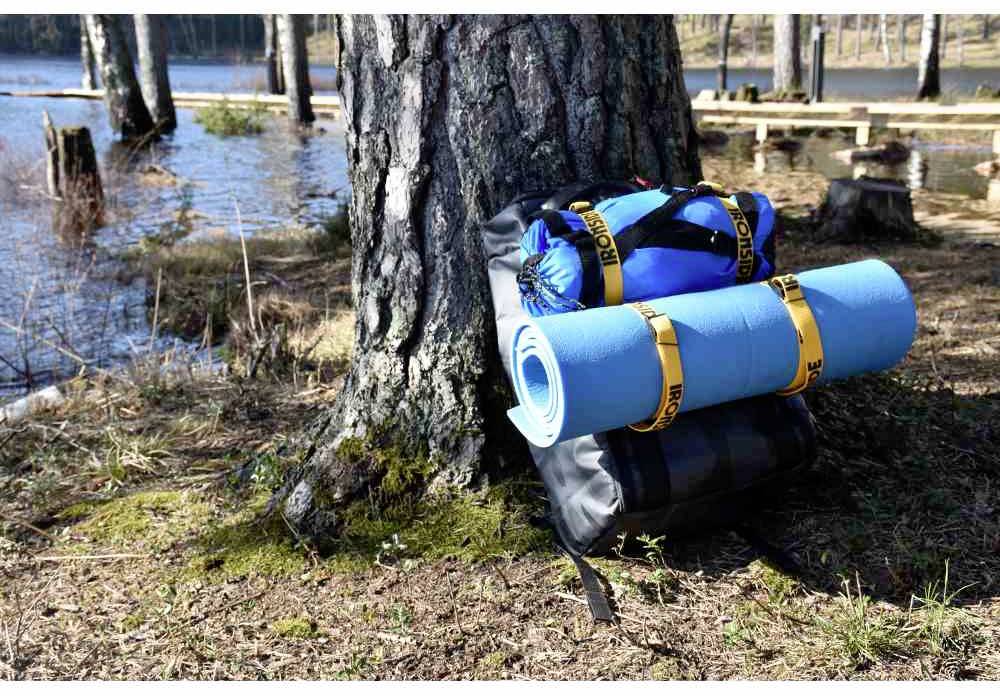 Plecak z niebieską matą izolacyjną, oparty o drzewo nad brzegiem jeziora w lesie.