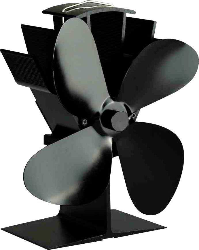 Czarny wentylator o czterech łopatach, stojący na prostokątnej podstawie, przeznaczony do użycia na piecu lub kominku.