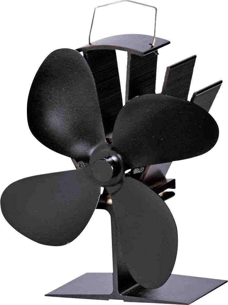 Czarny, zasilany baterią wentylator o czterech łopatach, zamontowany na płaskiej podstawie, odpowiedni do postawienia na stole lub półce.