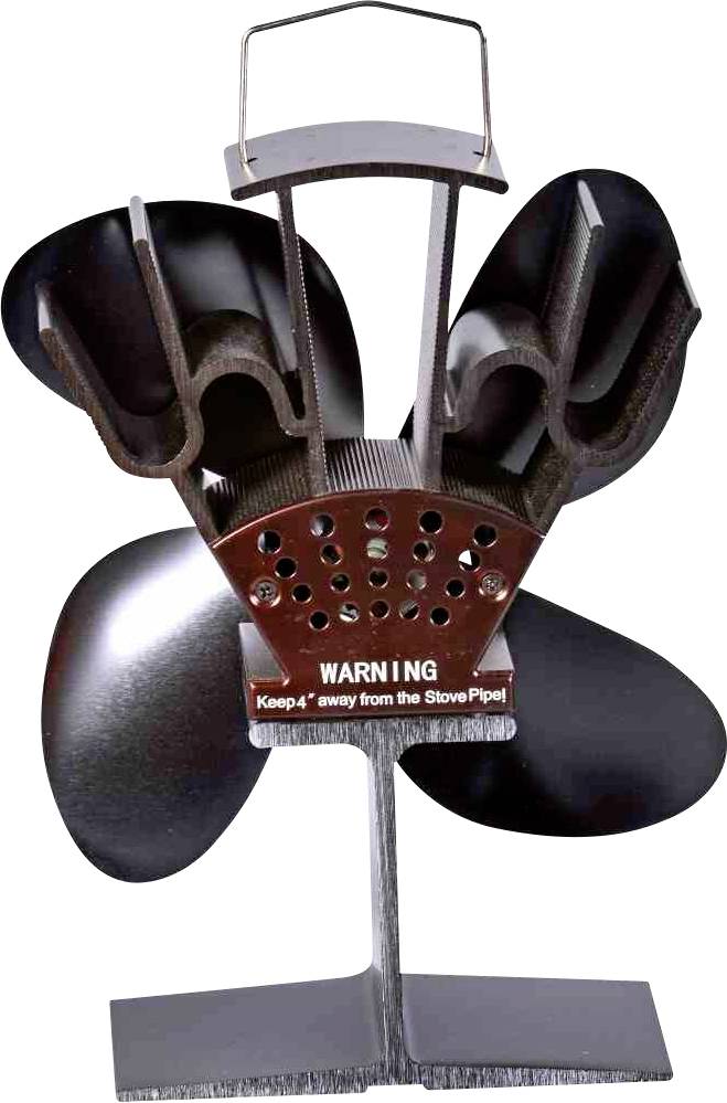 Metalowy wentylator z czterema zaokrąglonymi skrzydłami z ostrzeżeniem: 'UWAGA Zachować 4'' odstępu od rury kominowej!'