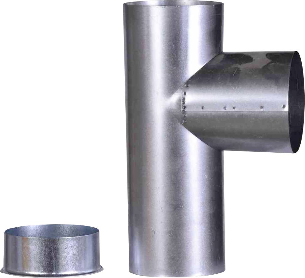 Trójnik metalowy z odkrytą pokrywą. Łączy trzy odcinki rur; często stosowany w systemach wentylacyjnych.