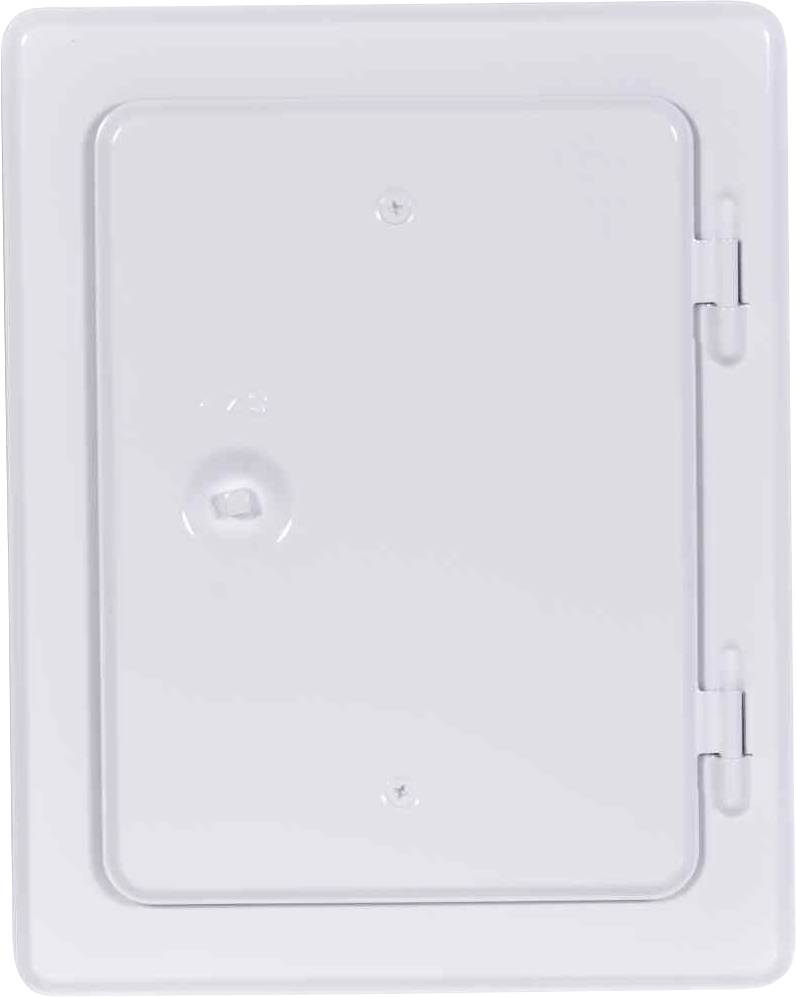 Biały, prostokątny metalowy pojemnik z zawiasami po prawej stronie, prawdopodobnie skrzynka bezpieczników lub rozdzielnia elektryczna.