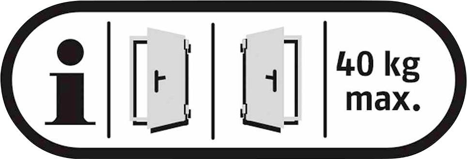 Symbol informacyjny z dwoma otwartymi drzwiami i tekstem '40 kg maks.', wskazujący maksymalne obciążenie wynoszące 40 kilogramów.
