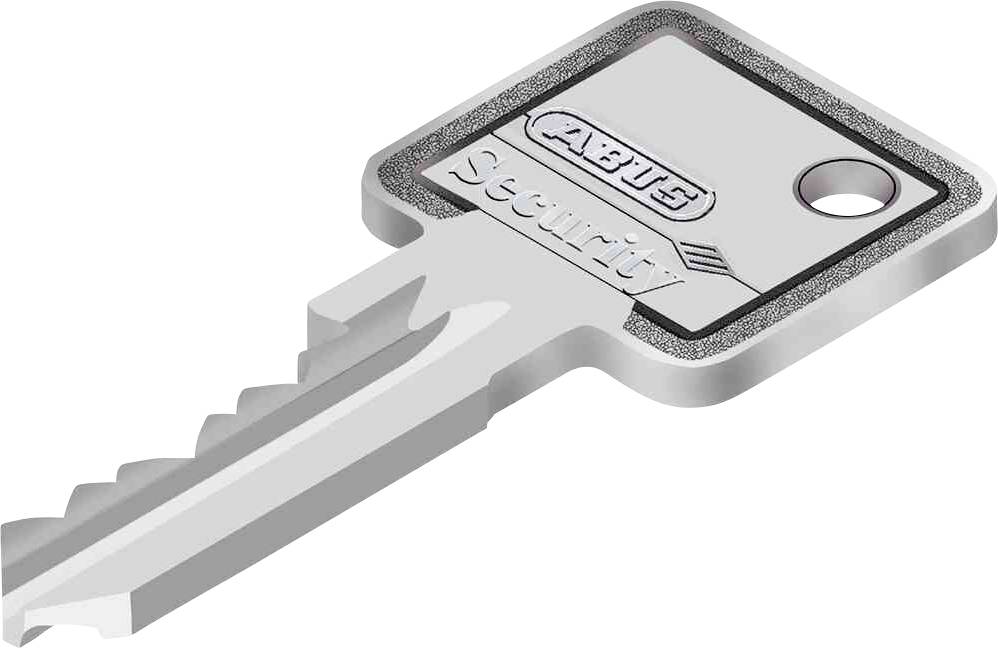 Srebrny klucz z napisem 'ABUS Security'. Klucz ma kanciasty kształt i otwór na końcu uchwytu.