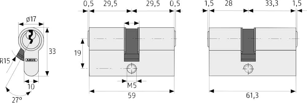 Cylinder z wymiarami: średnica 17, długość 59 do 61,3 mm, gwint M5, wizualizacja 3D i przekrój poprzeczny kształtu cylindra.