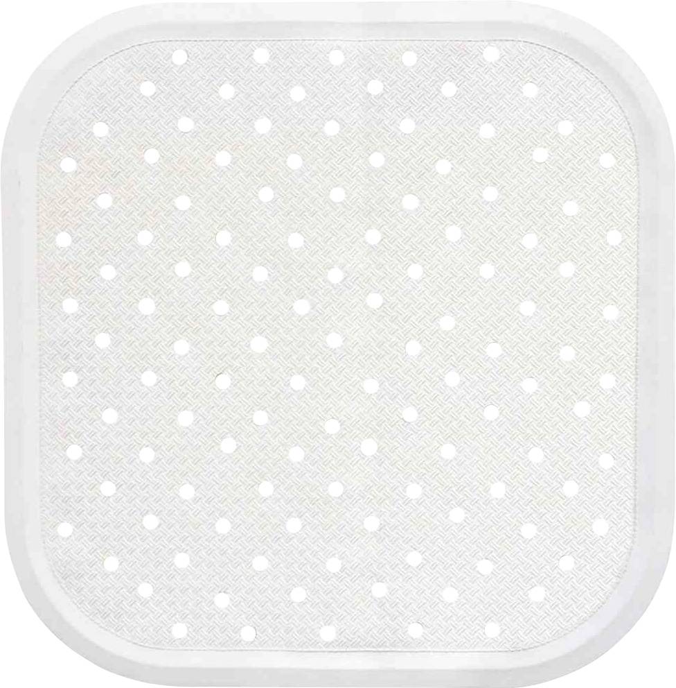 Biała, prostokątna silikonowa deska ociekowa z zaokrąglonymi rogami i wieloma małymi okrągłymi otworkami. Odpowiednia do zlewów.