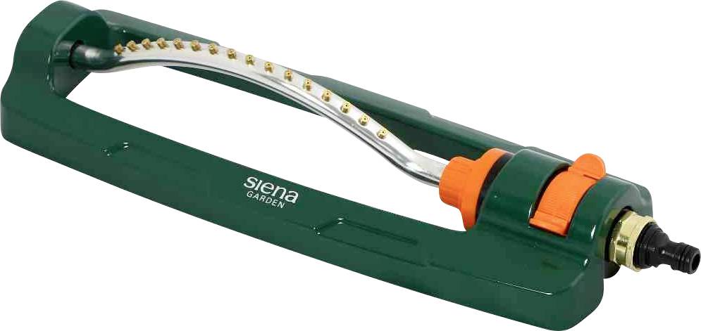 Zielony, oscylujący zraszacz ogrodowy z wieloma dyszami, przeznaczony do nawadniania trawników i ogrodów.