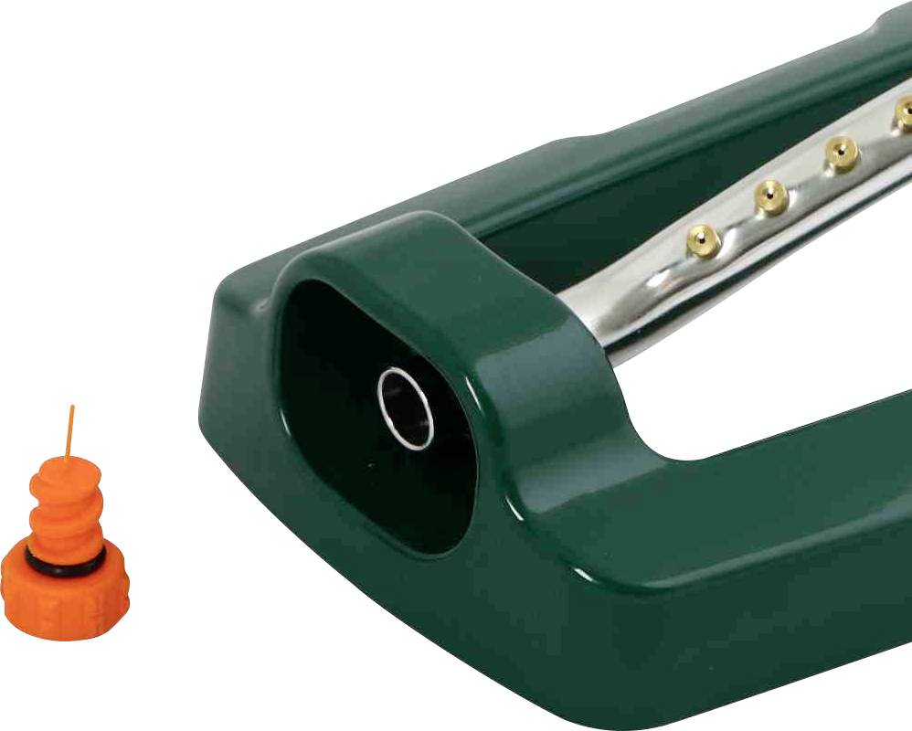 Zielony zraszacz trawnikowy z wieloma dyszami jest przedstawiony obok pomarańczowej nasadki przyłączeniowej.