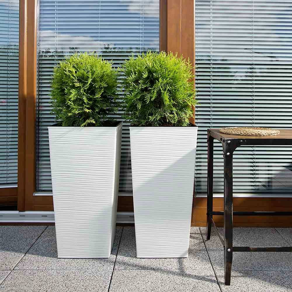Dwa wysokie białe donice z zielonymi roślinami stoją na tarasie przed przeszkloną ścianą z żaluzjami. Po prawej stronie metalowy stolik.