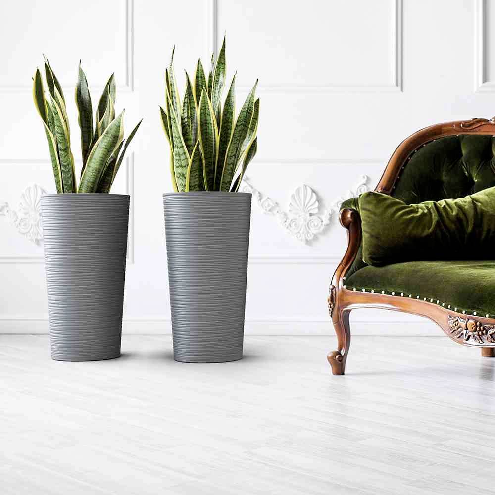 Dwa wysokie, szare donice z zielonymi wężownicami stoją po lewej stronie zabytkowego, zielonego fotela na jasnej drewnianej podłodze.