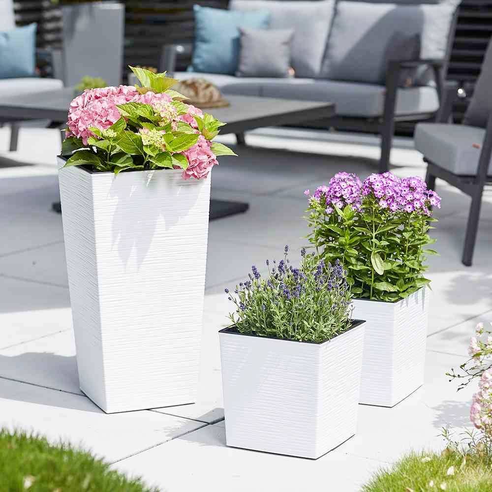 Trzy białe donice na tarasie, obsadzone różowymi hortensjami, lawendą i fioletowymi kwiatami. W tle meble ogrodowe.