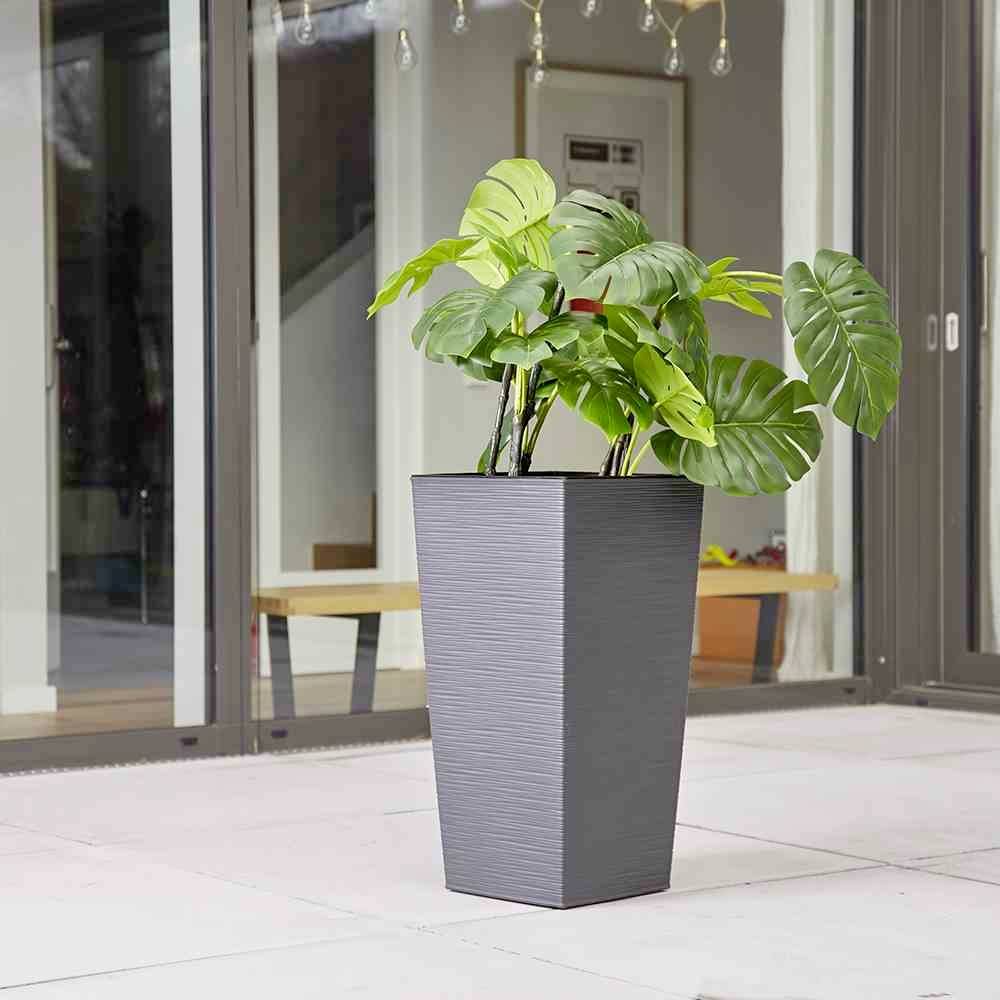 Duża doniczka na tarasie z zieloną, tropikalną rośliną przed szklaną elewacją domu. Relaksujący klimat na świeżym powietrzu.