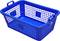 Niebieski plastikowy kosz na pranie o kształcie prostokątnym i wzorze kratowym. Odpowiedni do transportu lub przechowywania odzieży i tkanin.