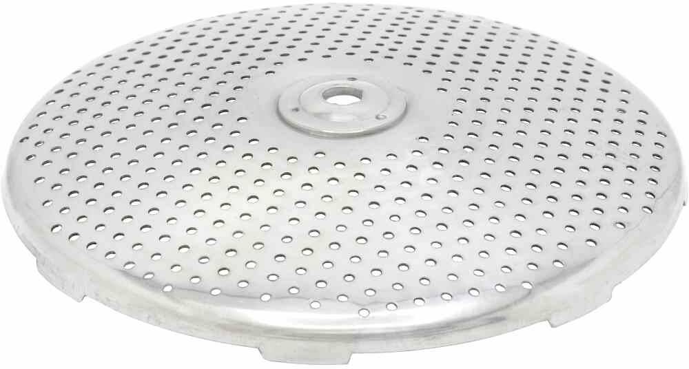 Okrągły, srebrny filtr metalowy z wieloma małymi otworkami, prawdopodobnie filtr do kawy lub urządzenia przemysłowego.