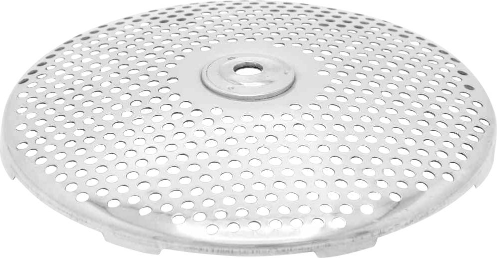 Okrągłe, płaskie sito metalowe z licznymi małymi otworami, używane do filtrowania lub jako akcesoria kuchenne.