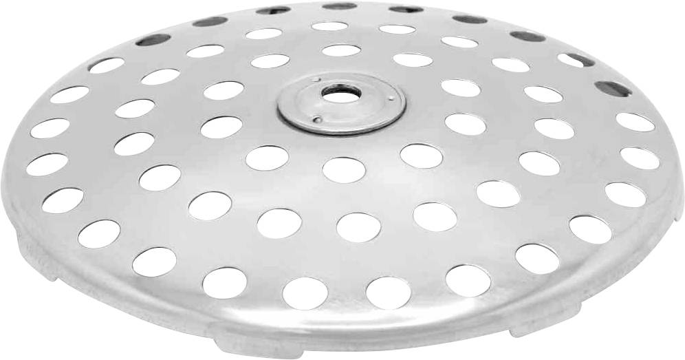 Srebrny, okrągły metalowy filtr z licznymi otworami, nadający się do użycia jako przykrycie odpływu lub kratka wentylacyjna.