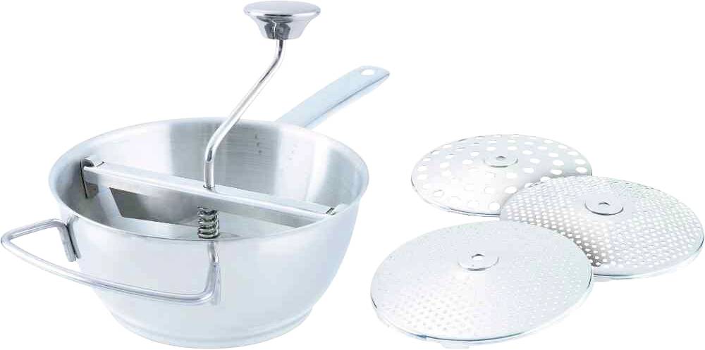 Ręczny metalowy młynek do przecierania z korbką i zdejmowanymi tarczami. Idealny do przetwarzania owoców i warzyw w kuchni.