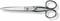 Srebrne metalowe nożyce z dwoma okrągłymi uchwytami. Leżą zamknięte, prezentując ostrą krawędź tnącą. Idealne do cięcia tkanin.