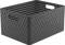 Szary, prostokątny kosz magazynowy z tworzywa sztucznego o plecionej fakturze z otworami uchwytowymi po bokach.