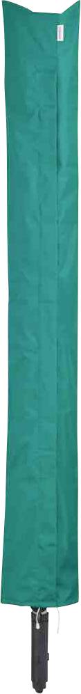 Zielony pokrowiec na złożony parasol, u dołu widoczny czarny stojak na parasol.