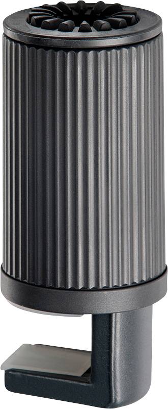 Cylindryczny czarny oczyszczacz powietrza z żebrowaną obudową i zaciskiem montażowym od spodu.