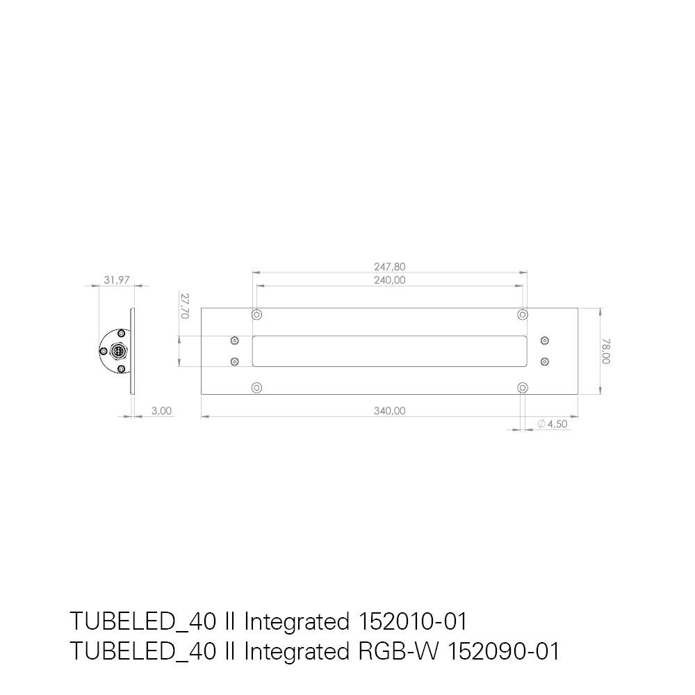 Rysunek techniczny prostokątnego obiektu z wymiarami. Szerokość 340 mm, wysokość 30 mm, głębokość 31,97 mm. Nazwa produktu: TUBELED_40 II Integrated.