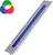 Długi, smukły element aluminiowy z niebieskim paskiem pośrodku, obok niego koło barw RGB w lewym górnym rogu.