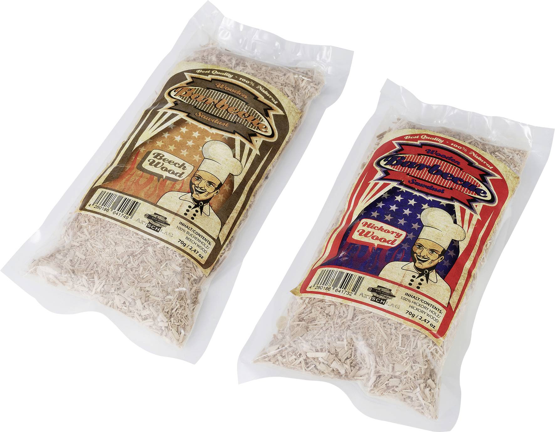 Dwie paczki wiórów do wędzenia, jedna z brązową etykietą, druga z czerwoną etykietą, obie z ilustracjami kulinarnymi.