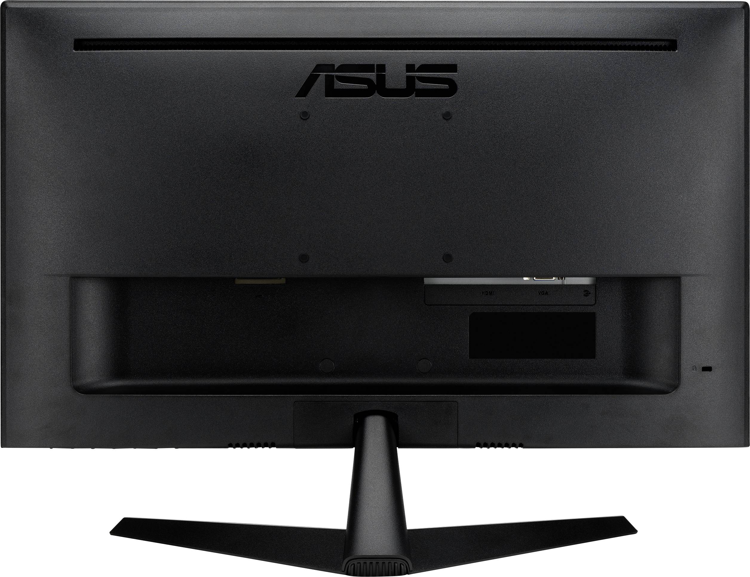Tylna strona czarnego monitora ASUS z podstawką. Widoczne są złącza wejściowe oraz otwory wentylacyjne.