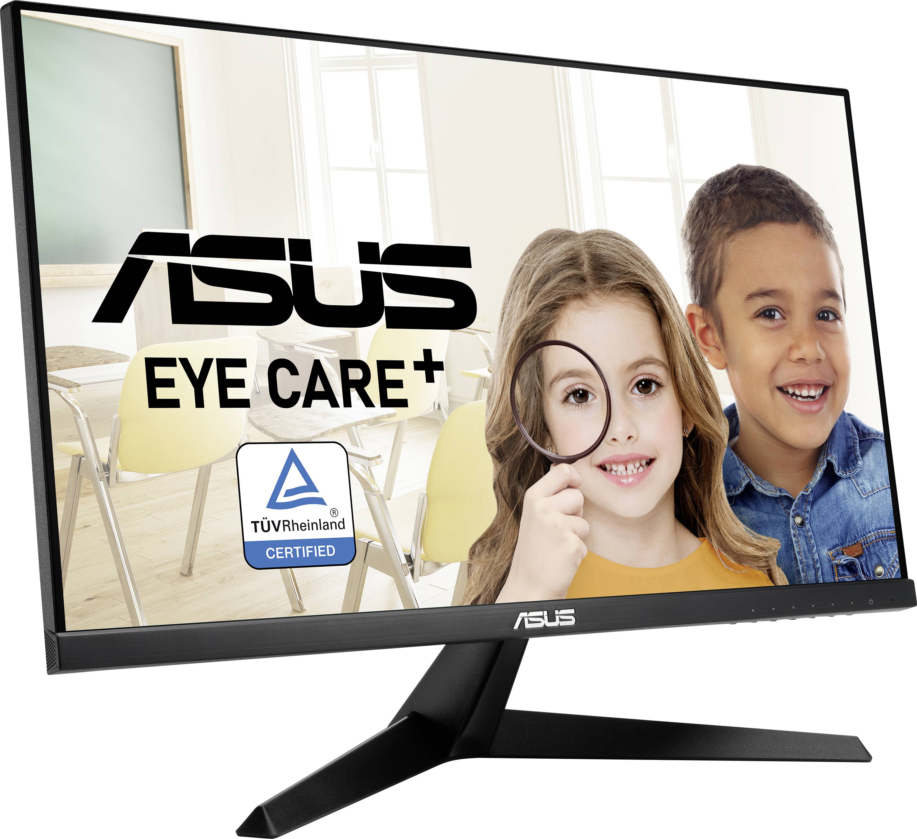 Monitor ASUS z Eye Care+, certyfikowany przez TÜV Rheinland. Dwoje uśmiechniętych dzieci w tle. Idealny do pracy oszczędzającej wzrok.