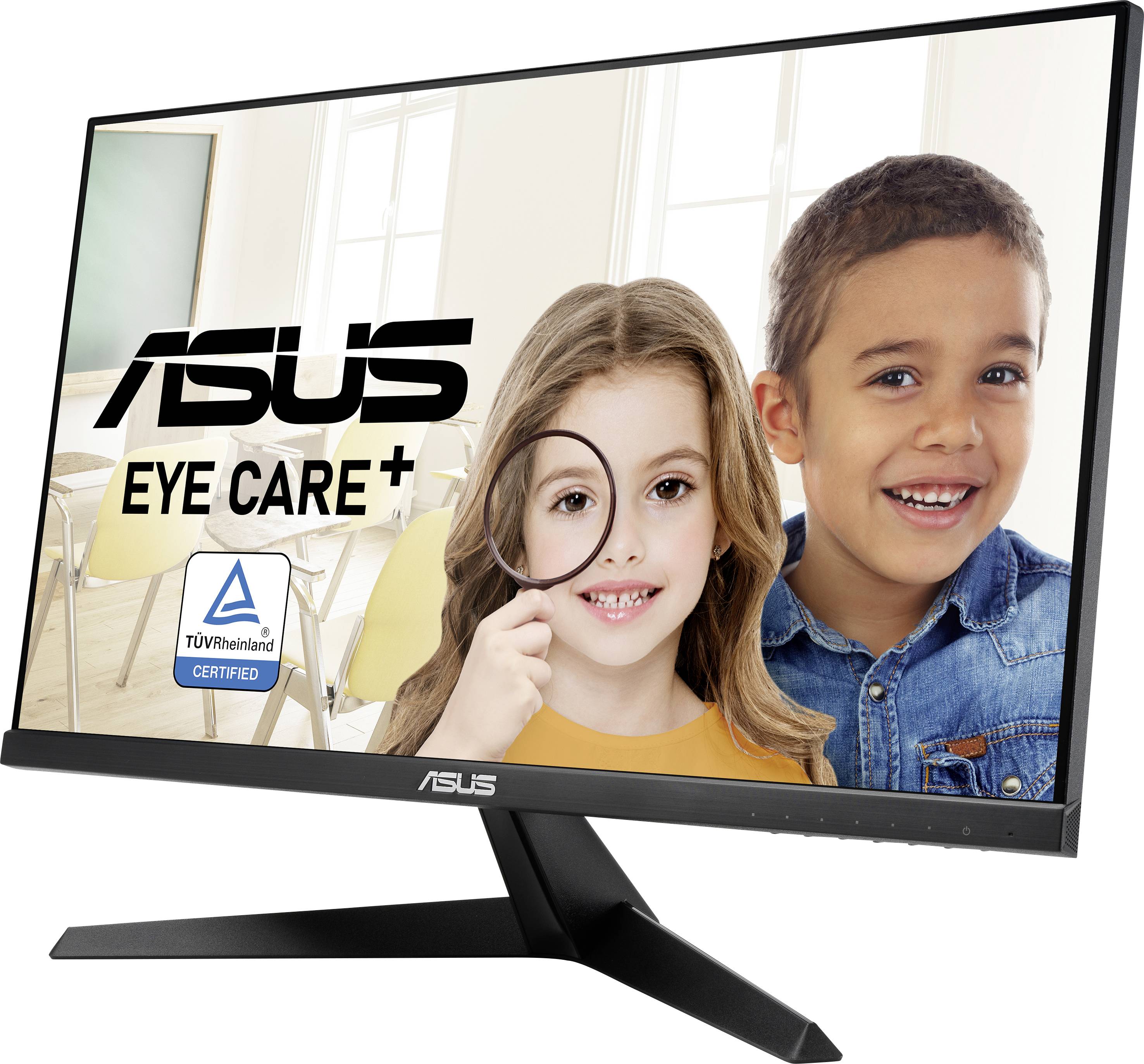 Dwoje radosnych dzieci pozuje przed monitorem ASUS z logo 'Eye Care+' i certyfikatem TÜV, w tle widać okno.
