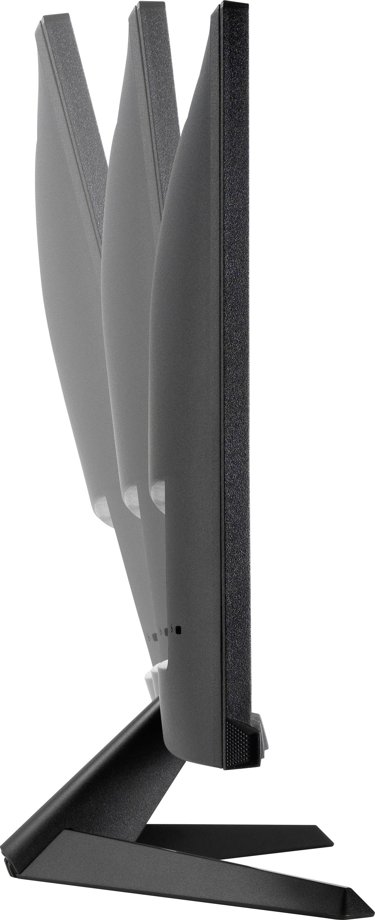 Płaski monitor komputerowy widziany z boku, lekko pochylony do przodu i do tyłu, zamocowany na stabilnej podstawie.