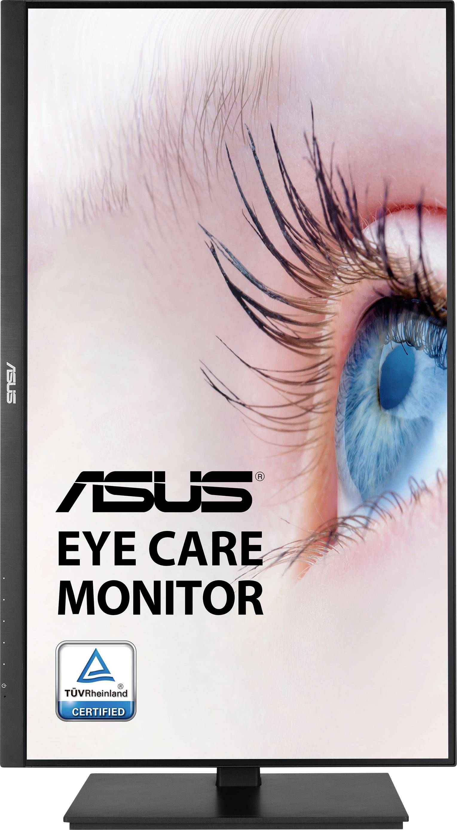 Monitor Asus z Focus na oku, tekst 'Monitor Asus Eye Care', symbol certyfikacji TÜV Rheinland.