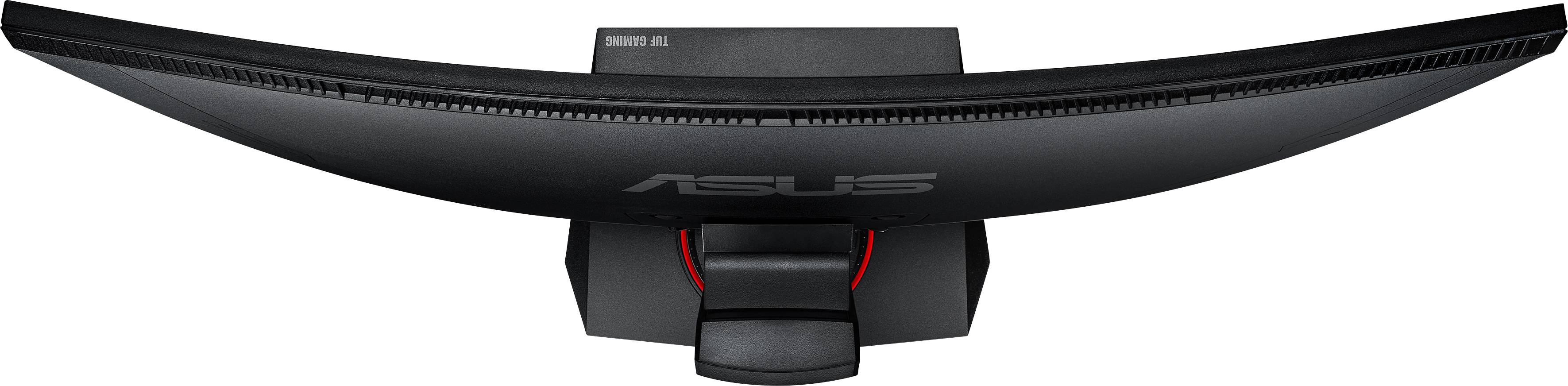 Zakrzywiony monitor ASUS widziany z góry, w czarnym designie, z delikatnym czerwonym akcentem na podstawie, prezentujący nowoczesną technologię.