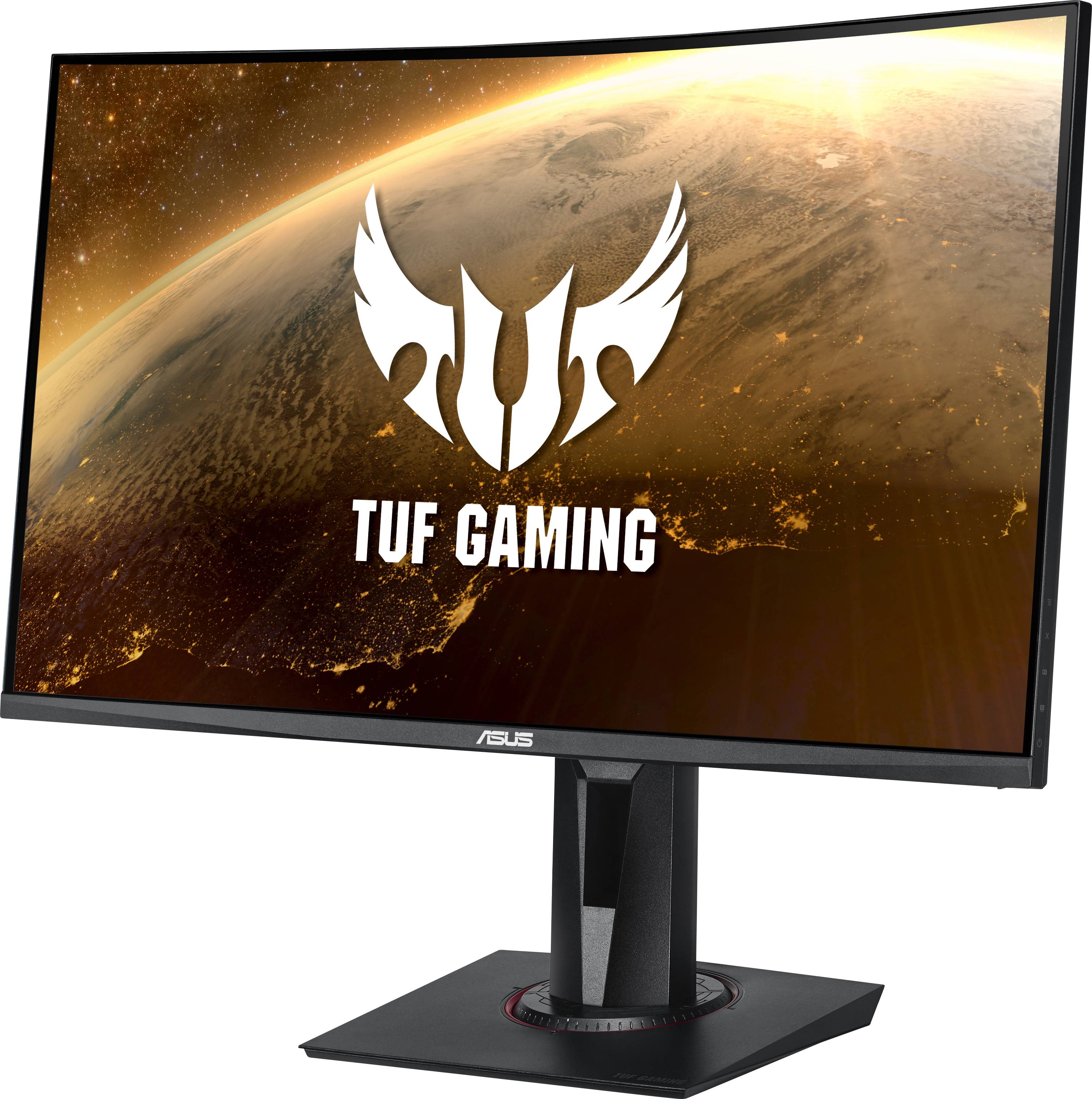 Zakrzywiony monitor gamingowy ASUS TUF wyświetla kosmiczne tło z logo 'TUF Gaming' umieszczonym centralnie na ekranie.