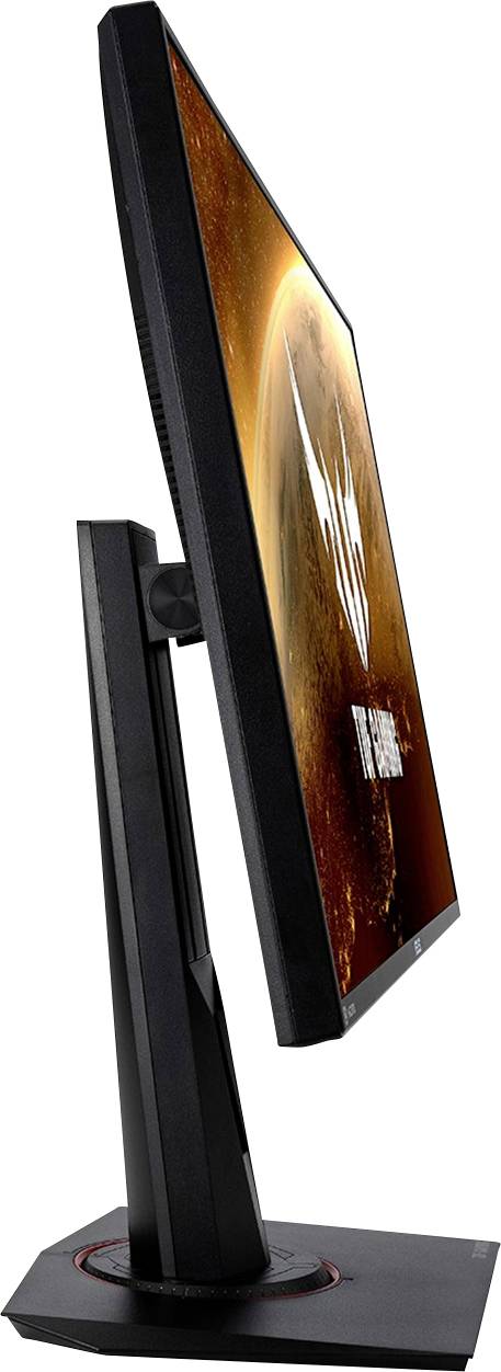 Widok z boku płaskiego monitora komputerowego z obrazem planety na ekranie, czarna ramka, stabilna podstawa.