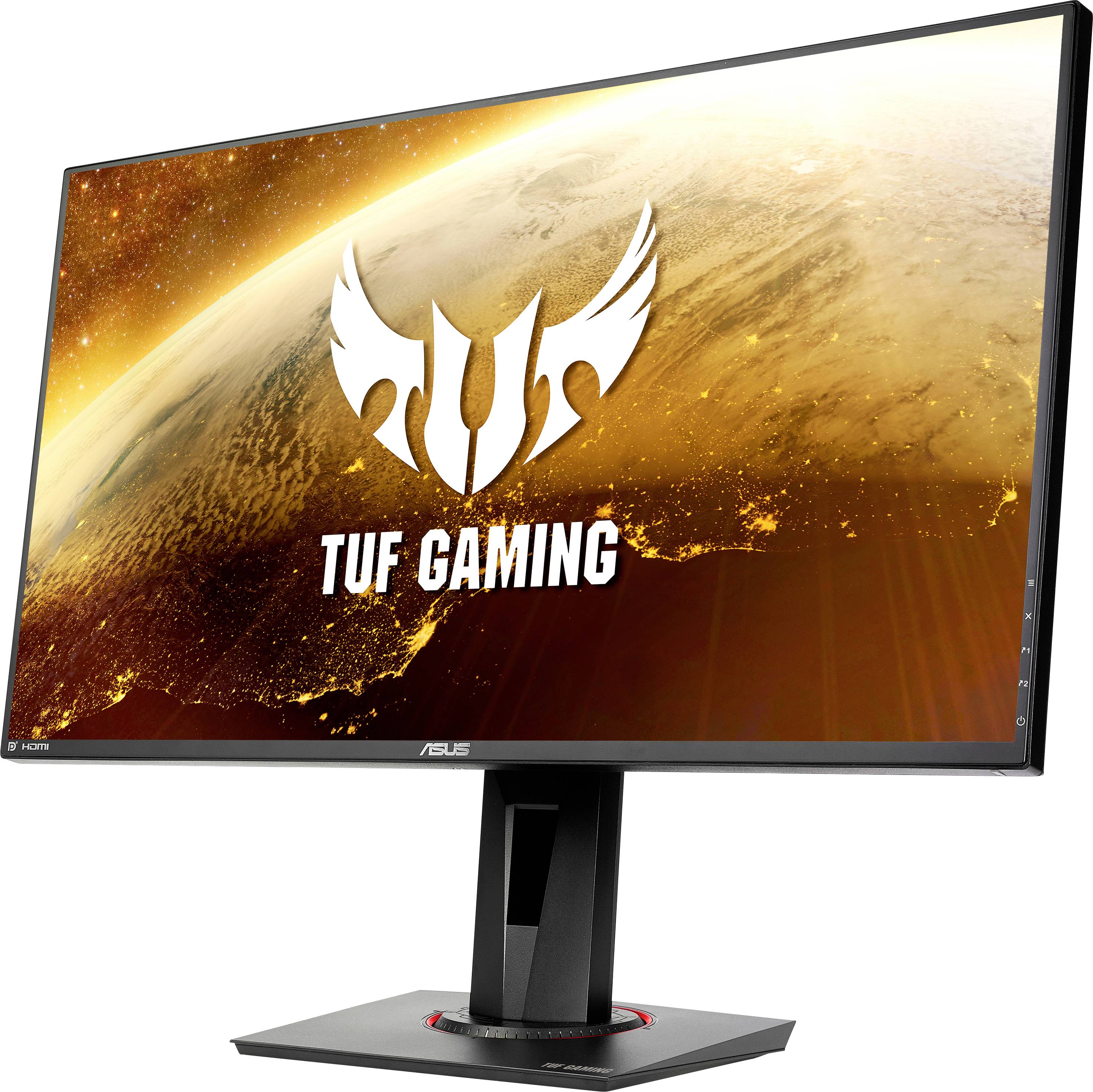 Monitor ASUS TUF Gaming z dużym, jasnym ekranem. Logo 'TUF Gaming' wyświetlane jest na tle kosmosu.