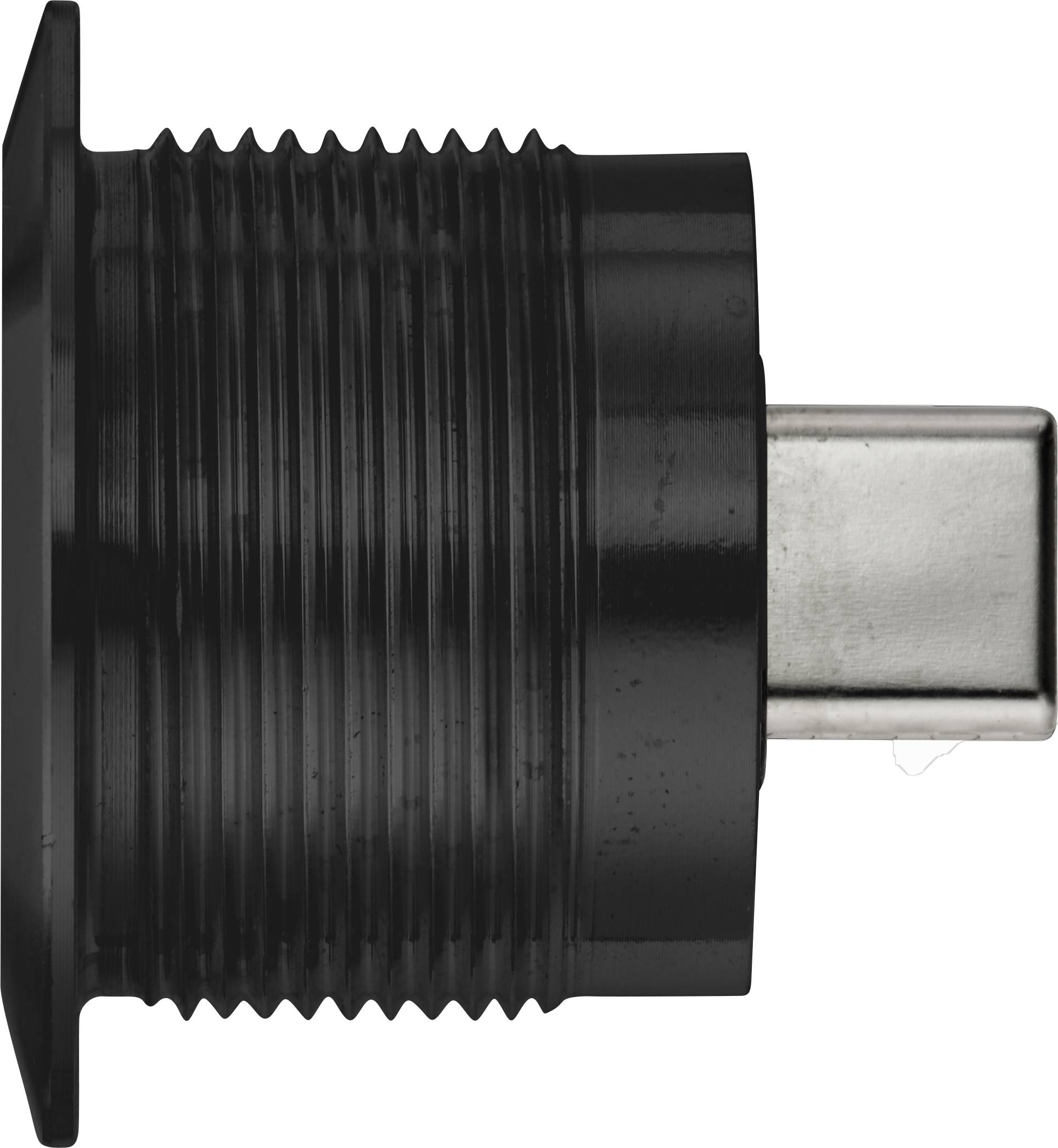 Okrągły, żebrowany czarny adapter z gniazdem USB-C po jednej stronie. Odpowiedni do połączeń elektronicznych.