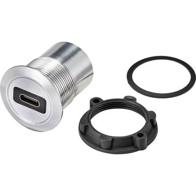 Metalowy złącz USB-C z adapterem mocującym i uszczelką, odpowiedni do montażu panelowego, zapewniający bezpieczne połączenie urządzenia.