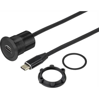 Czarny kabel USB-C do wbudowania z końcówką przyłączeniową; zawiera kabel, złącze i uszczelnienie do montażu panelowego.