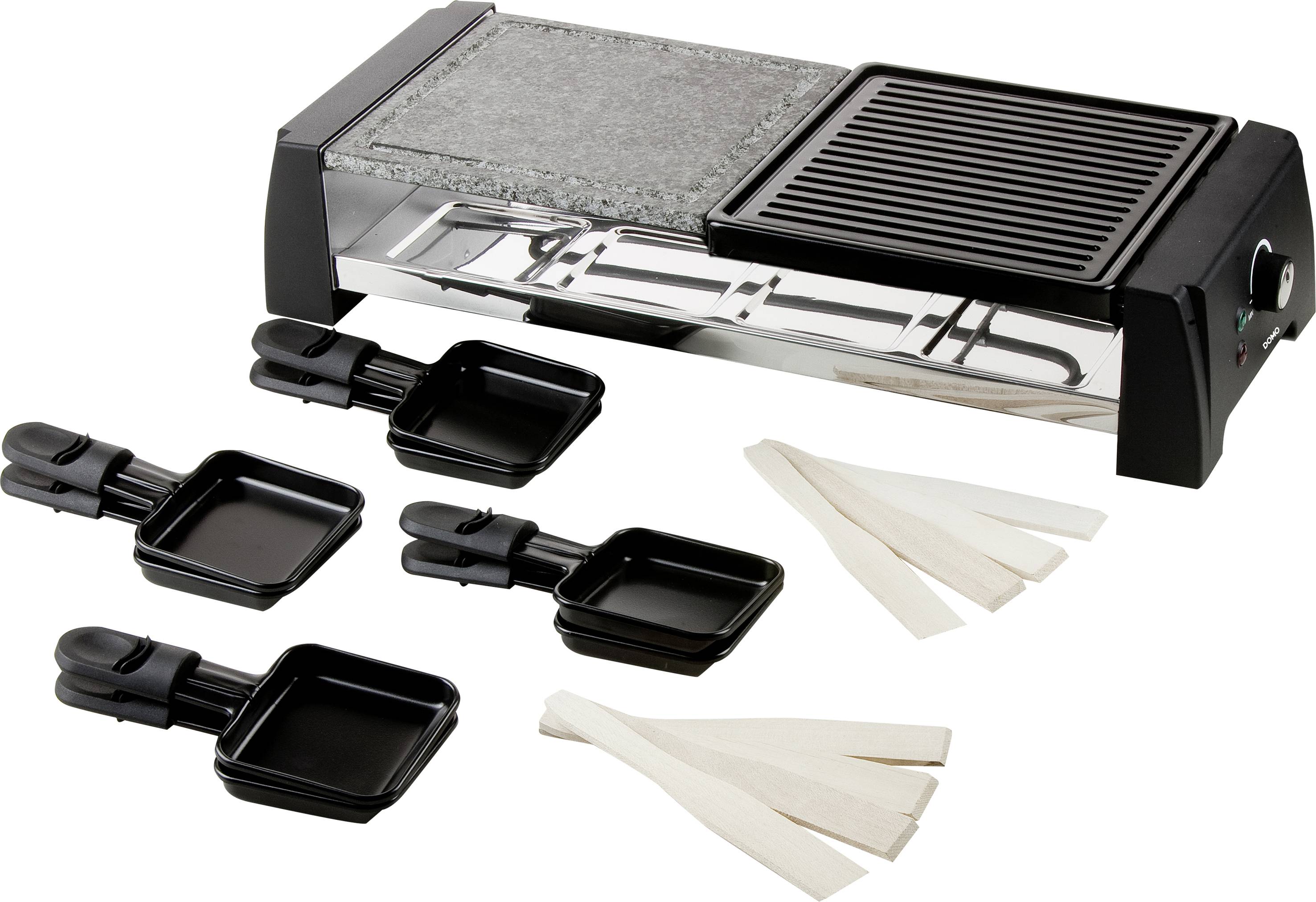 Wielofunkcyjne urządzenie do raclette z czterema małymi patelkami, płytą grzewczą i kamienną płytą, idealne do grillowania i zapiekania.