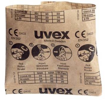 Brązowa papierowa torebka firmy 'uvex' z instrukcją użycia zatyczek do uszu. Zawiera informacje o rozmiarach i symbole dotyczące stosowania.