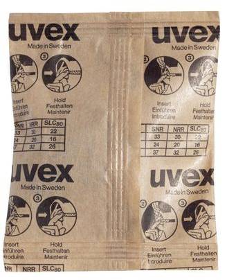 Brązowa torebka papierowa marki uvex, wyprodukowana w Szwecji. Zawiera instrukcje użycia zatyczek do uszu w kilku językach.