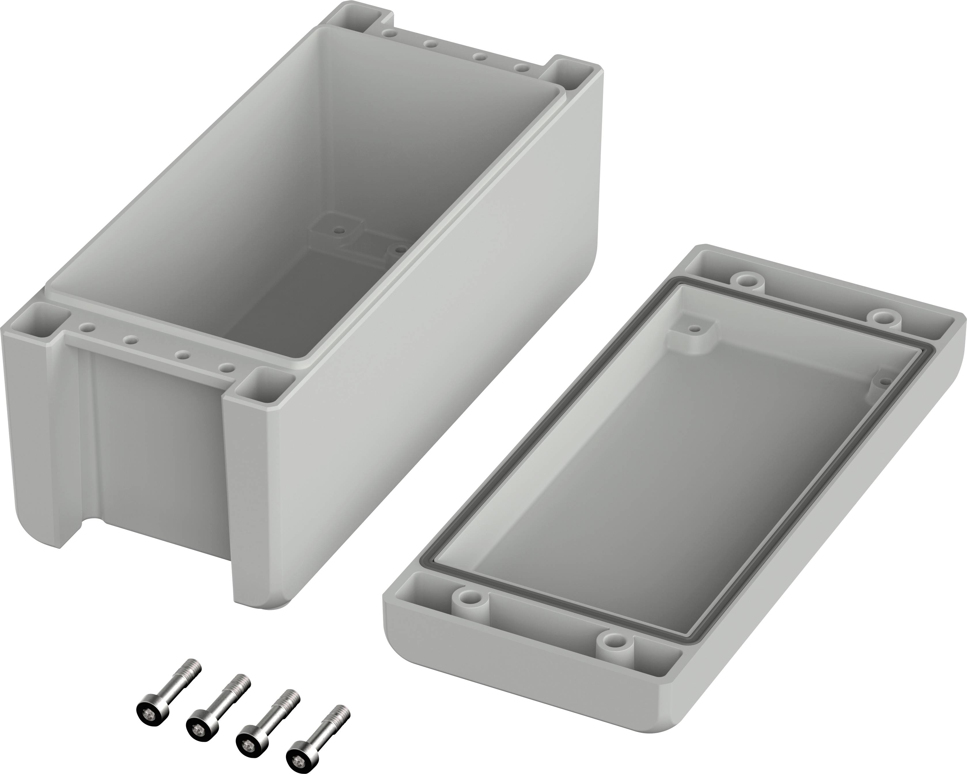 Obudowa z szarego plastiku składająca się z dwóch części. Cztery srebrne śruby obok. Prawdopodobnie przeznaczona do montażu komponentów elektronicznych.